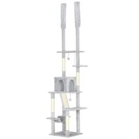 pawhut arbol rascador de techo con altura ajustable 225-255 cm con casita y hamaca gris claro
