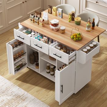 Carrito De Cocina De 139x46x91,5 Cm, Tapa De Madera, Plegable, Con Armario, Ruedas, Blanco.