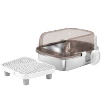 pawhut arenero para gatos cubierto con bandeja de acero inoxidable bordes altos pala peldano y zona para caida de arena gris
