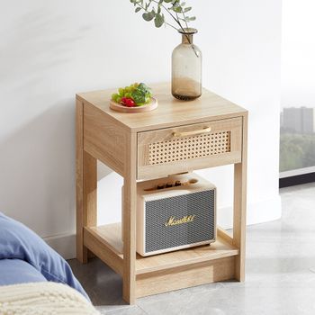 Mesa Auxiliar - Mueble Para Dormitorio Y Salón - Mdf Y Ratán - Natural (40x40x55cm)