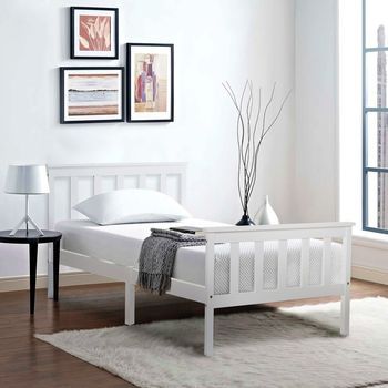 Cama Individual De Pino Macizo Blanco Con Somier De Lamas Y Cabecero - 90x200 Cm Para Niños Y Adolescentes