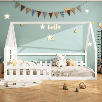 Cama Infantil En Forma De Cabaña Con Barrera De Seguridad, De Pino Macizo Blanco, 140x200 Cm