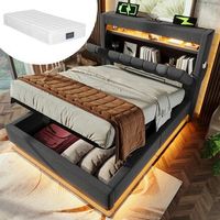 cama individual tapizada 90x200 cm con cabecero que incluye espacio de almacenamiento y puertos usb y type-c iluminacion led en cabecero y pie de cama con espacio de almacenamiento hidraulico color lino gris con colchon