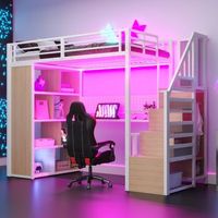 cama alta 90x200 cm con escritorio armario y estanterias - metal  contrachapado  mdf - tomas de corriente  led - blanco colchon no incluido