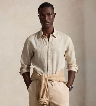 Polo Ralph Lauren para hombre. 710966294518 Camisa de lino Custom Fit beige (S), Casual, Manga larga
