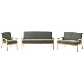 Conjunto De Sala De Estar Retro Sofá 3 Plazas Sofá 2 Plazas Y Sillón Tapizado De Poliéster Estructura De Madera Verde Y Marrón Claro Esrum