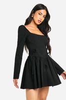 vestido mini skater de manga larga con atadura en la cintura negro