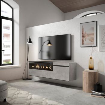 Mueble tv efecto madera cemento 150x35x45cm chimenea efecto fuego