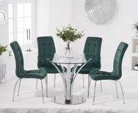aria 110cm glass dining table with calgary velvet chairs - blue 4 chairs