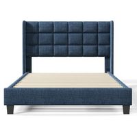 cama doble de 140x200 cm en lino azul con cabecero acolchado y somier de laminas firmeza media diseno clasico sin colchon