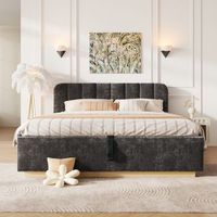 cama tapizada 140 x 200 cm de chenilla antracita con canape hidraulico cabecero y luz led