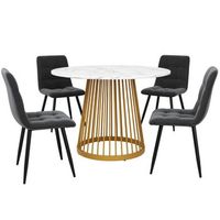 conjunto de comedor mesa redonda de 80 cm con base dorada y 4 sillas grises