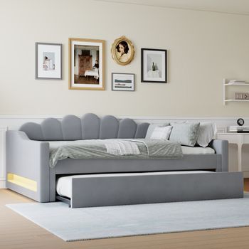 Cama Nido 140x200 Cm + 90x190 Cm Con Cabecero - Leds - Tejido De Lino - Gris (sin Colchón)