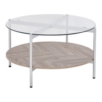 Mesa De Centro Moderna Tablero De Vidrio Templado Estructura De Metal 1 Estante Madera Clara Plateado Lovell