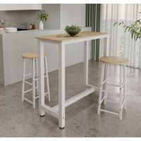mesa alta con 2 taburetes  patas metal  100x100x40cm  barra cocina  modelo ani  blanco y sonoma