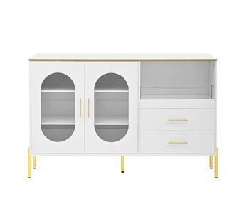 Aparador elegante 2 cajones 2 puertas de cristal - comoda moderna blanca con detalles dorados - gran capacidad - para salón, comedor, pasillo
