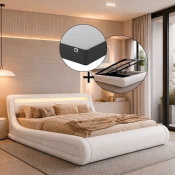 Cama Canapé De Matrimonio Con Colchón | Cama Doble Con Cabecero Y Canapé Led | Somier Lamas | Blanco | Madera Y Polipiel | Modelo Rodas | 160x200