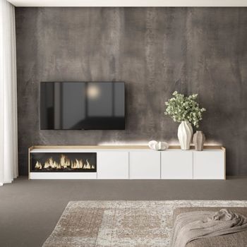 Mueble tv efecto madera blanco roble 315x35x50cm chimenea efecto fuego