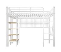 cama alta 90x200 cm - estructura metalica estante red para colgar barra de ropa espacio libre led - blanco