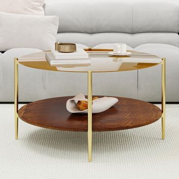 Mesa De Centro - Mueble De Salón - Vidrio Templado, Metal Y Madera - Dorado (82x82x45cm)