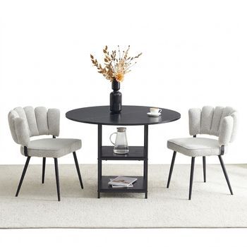 Conjunto De Mesa Y 2 Sillas, Juego De Comedor Redondo 107 Cm Con Estantes De Almacenamiento, Sillas De Comedor Gris Claro, Madera Mdf Y Metal, Negro