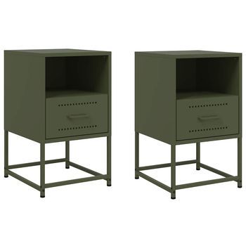 Pack 2 Uds Mesitas De Noche | Mesilla De Noche Acero Verde Oliva 36x39x60,5 Cm