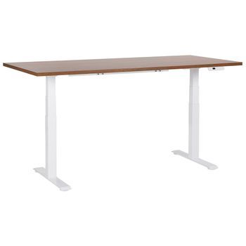 Escritorio De Altura Regulable Eléctrico Oficina Moderna Patas Cuadradas 180 X 80cm Tablero Madera Oscura Soporte De Acero Blanco Destines