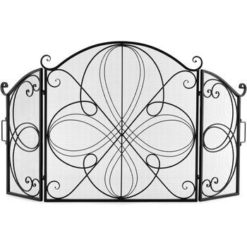 Salvachispas Plegable Para Chimenea Costway 151 X 83 Cm, Pantalla De Chimenea De 3 Paneles Con Patrón Floral