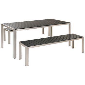 Conjunto De Comedor 6 Plazas De Metal Negro Plateado Cepillado 2 Bancos Nardo