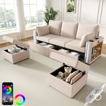 Canapé Modular En Ángulo Beige Con 2 Poufs De Almacenamiento, Luz Led, Portavasos, Usb/type-c, Cajones Y Cojines - Para Salón