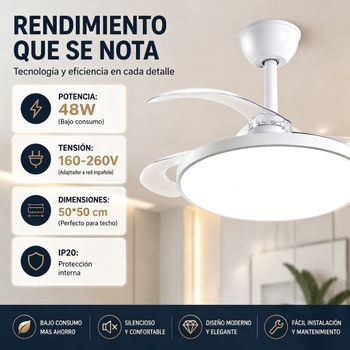 Ventilador de Techo con Luz LED 2 en 1, Aspas Retráctiles Invisibles, Tamaño 50×50 cm Potencia 48W, Mando a Distancia con Temporizador 1/2/4 Horas, Luz Regulable en Tonos Cálido/Franco/Neutro, Motor