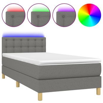 Cama Individual | Cama Box Spring | Cama Para Adultos Con Colchón Y Led Tela Gris Oscuro 90x200 Cm