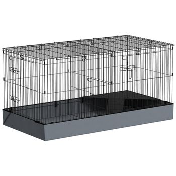 PawHut Jaula para Animales Pequeños 2 en 1 Recinto para Conejos y Cobayas con Puerta Central y Tapa Removible 121x61x61cm Negro
