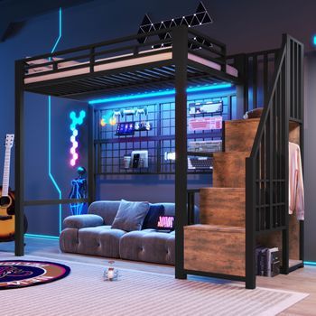 Cama Alta Metálica De 90 X 200 Cm Con Armario Integrado Y Luces Led De 7 Colores