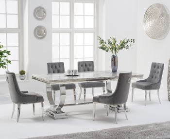 Haven 180cm Grey Marble Table With Talia Velvet Chairs - Grey, 4 Chairs