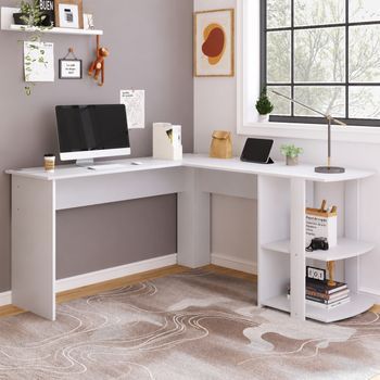Escritorio Esquinero En L Blanco De 140 X 140 X 75 Cm Con Dos Estantes