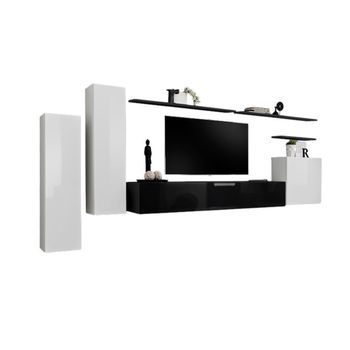 Conjunto De Muebles De Salón Switch I - Blanco Y Negro Brillante - Mueble Para Tv Y Almacenamientos Colgantes Modernos