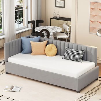 Cama Sofá Tapizada Multifuncional 90x200 Con Somier De Listones En Terciopelo Gris