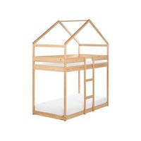 litera infantil con dosel en forma de casa dormitorio somier de madera de pino marron claro 90 x 200 cm labatut
