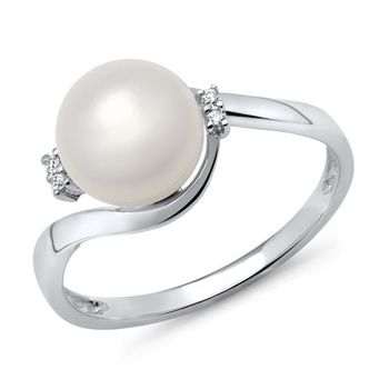 14 quilates anillo de oro blanco perla 4 diamantes 0,028 ct.