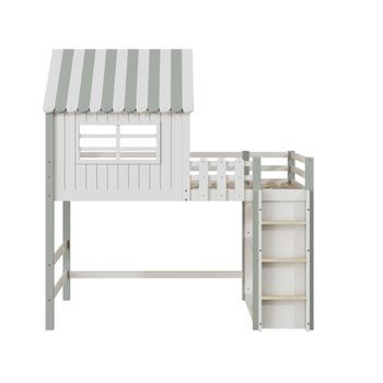 Cama Alta Casita De 90 X 200 Cm Verde Y Blanca Con Escalera De Almacenaje