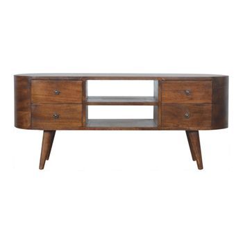 Mueble Para Equipos De Entretenimiento, Madera Maciza, Estilo Artesanal, Color Castaño Redondeado.