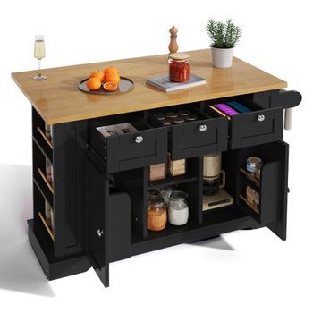 Isla De Cocina Extensible 132cm, Carrito De Cocina Con Encimera Plegable, Madera, Marrón