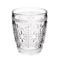 vaso ancho de vidrio transparente con flores en relieve