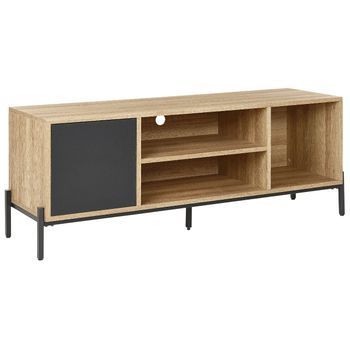 Mueble Tv Madera Clara Gris Negro 140 X 40 Cm Mdf Armario Estantes Moines