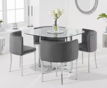 Algarve Glass Stowaway Dining Table with Grey Velvet High Back Stools - Grey, 4 Chairs