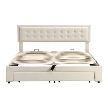 Cama Con Canapé Acolchada 180x200cm En Terciopelo Con Cajón Y Somier Beige (sin Colchón)