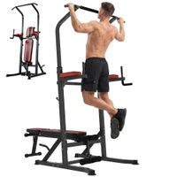 homcom estacion de musculacion plegable torre de entrenamiento altura ajustable con barra de dominadas banco reclinable para fitness en casa gimnasio carga 150 kg antideslizante acolchada negro y rojo