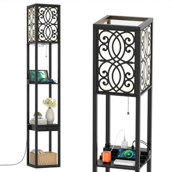 Costway Lámpara de Pie con Estantería Repisas y Cajón con 2 Puertos USB Moderna para Salón Habitación 26 x 26 x 160,5 cm Negro