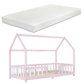Cama Para Niños De Madera Pino Cama Infantil Con Reja Protectora Forma De Casa Rosa Casita  Blanco Mate Lacado [en.casa]® Y [neu.haus]®